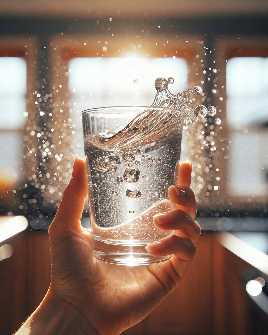 A hand holding a glass of clean, sparkling purified water backlit by sunlight
